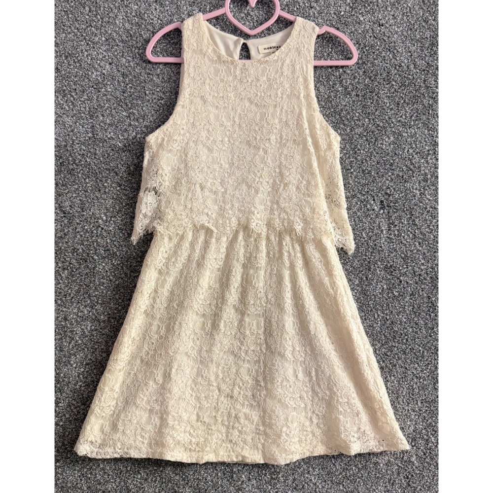 Monteau Lace Popover Mini Dress S Ivory Sleeveless Tiered Cottagecore Bridal